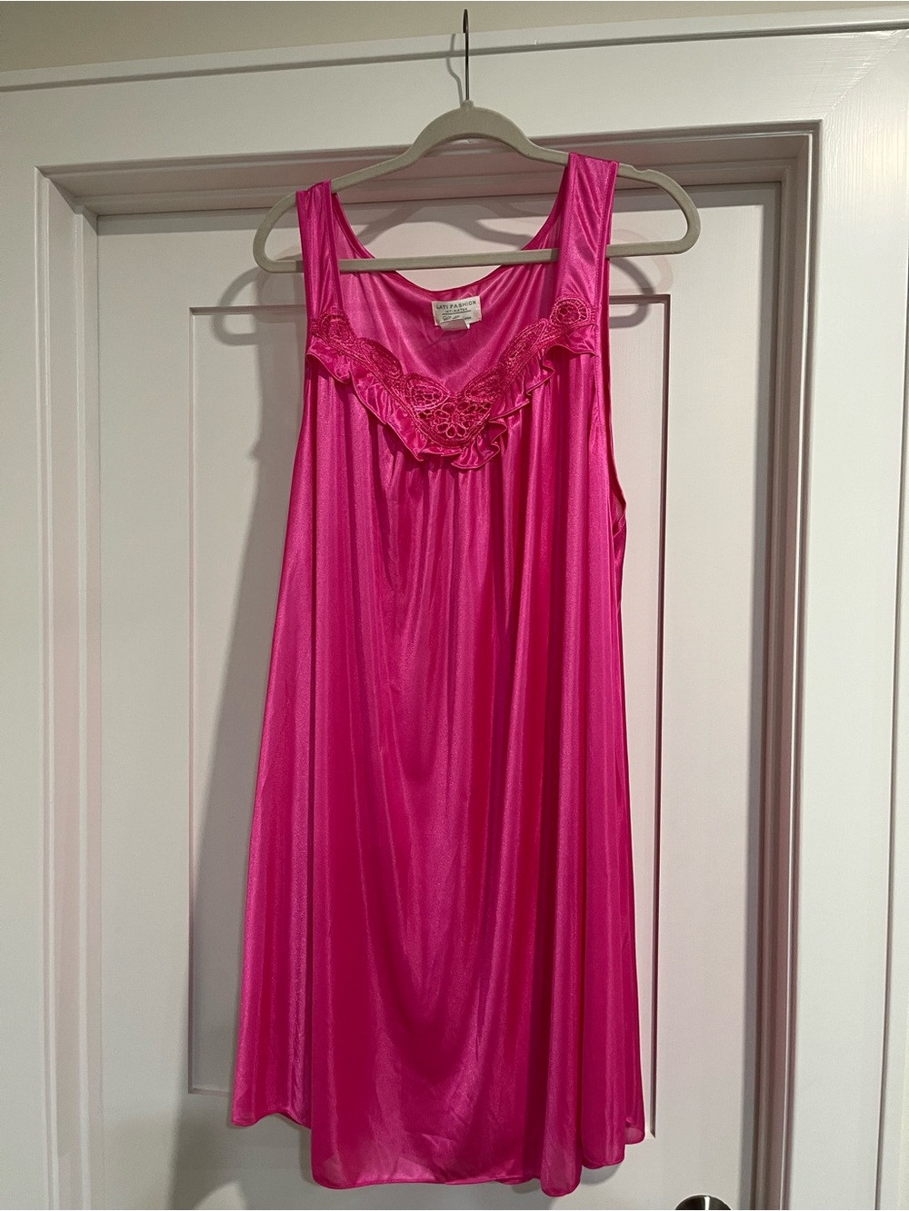 Lati Fashion Satin Lace-Trim Night Chemise in Hot Pink